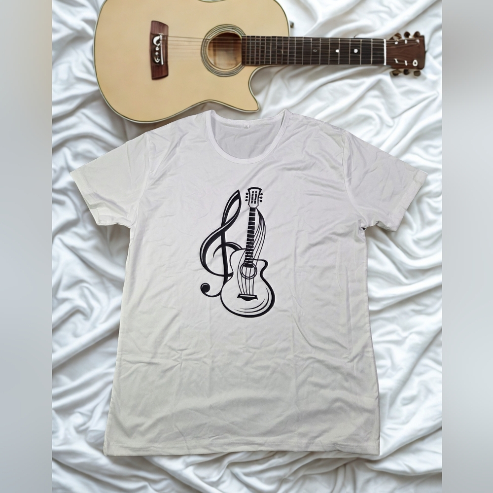 ⚡ Sale New White T-Shirt with Guitar and Treble Clef Design